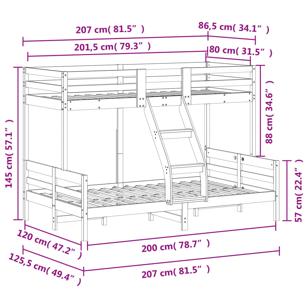 Køyeseng 80x200/120x200 cm heltre furu