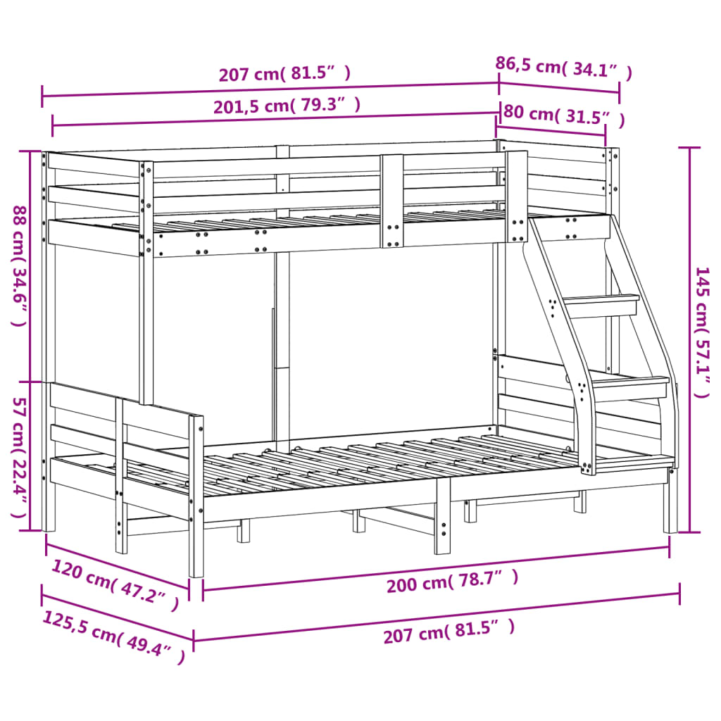 Køyeseng 80x200/120x200 cm heltre furu
