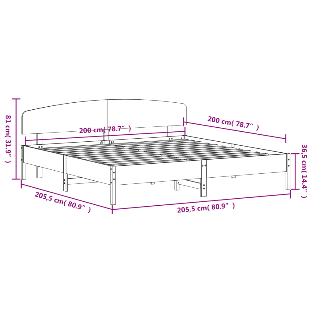Sengeramme uten madrass voksbrun 200x200 cm heltre furu