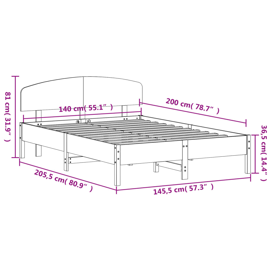 Sengeramme uten madrass voksbrun 140x200 cm heltre furu