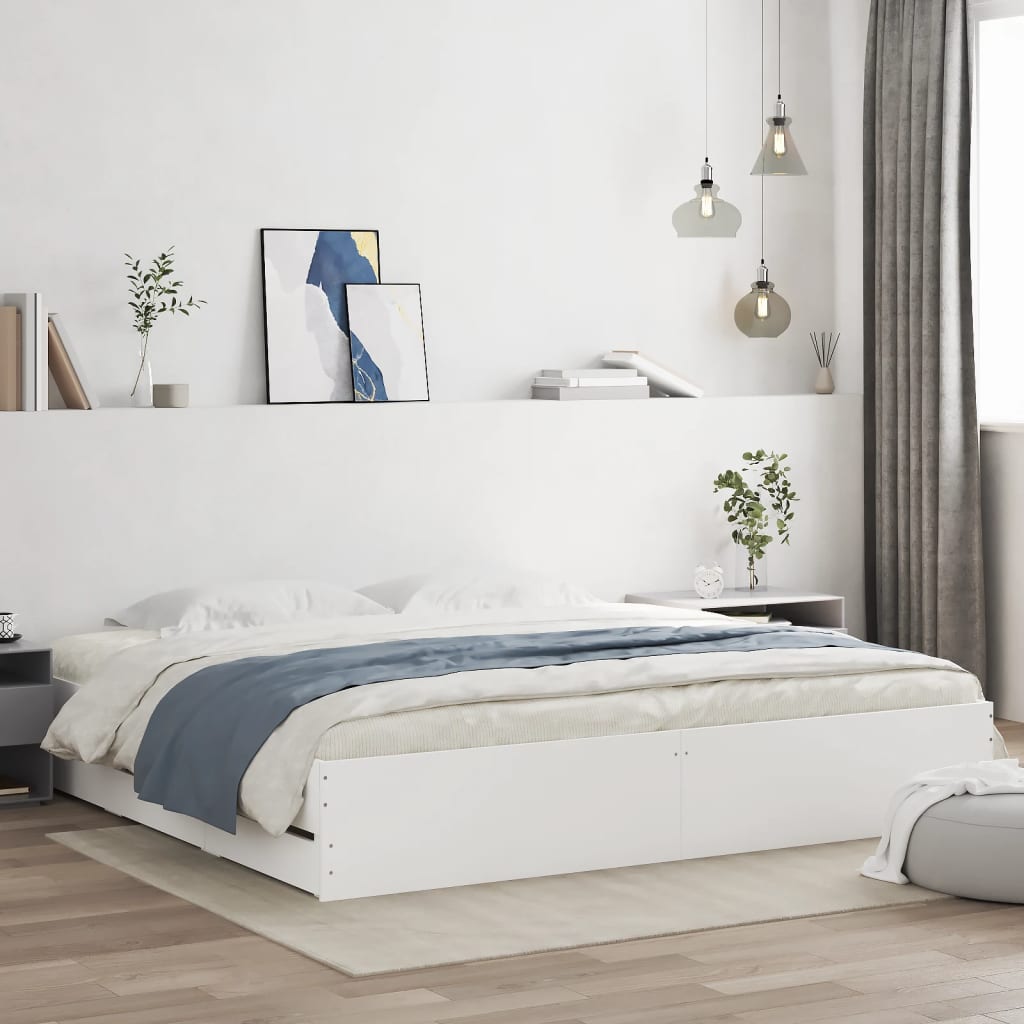 Sengeramme med skuffer hvit 200x200 cm konstruert tre