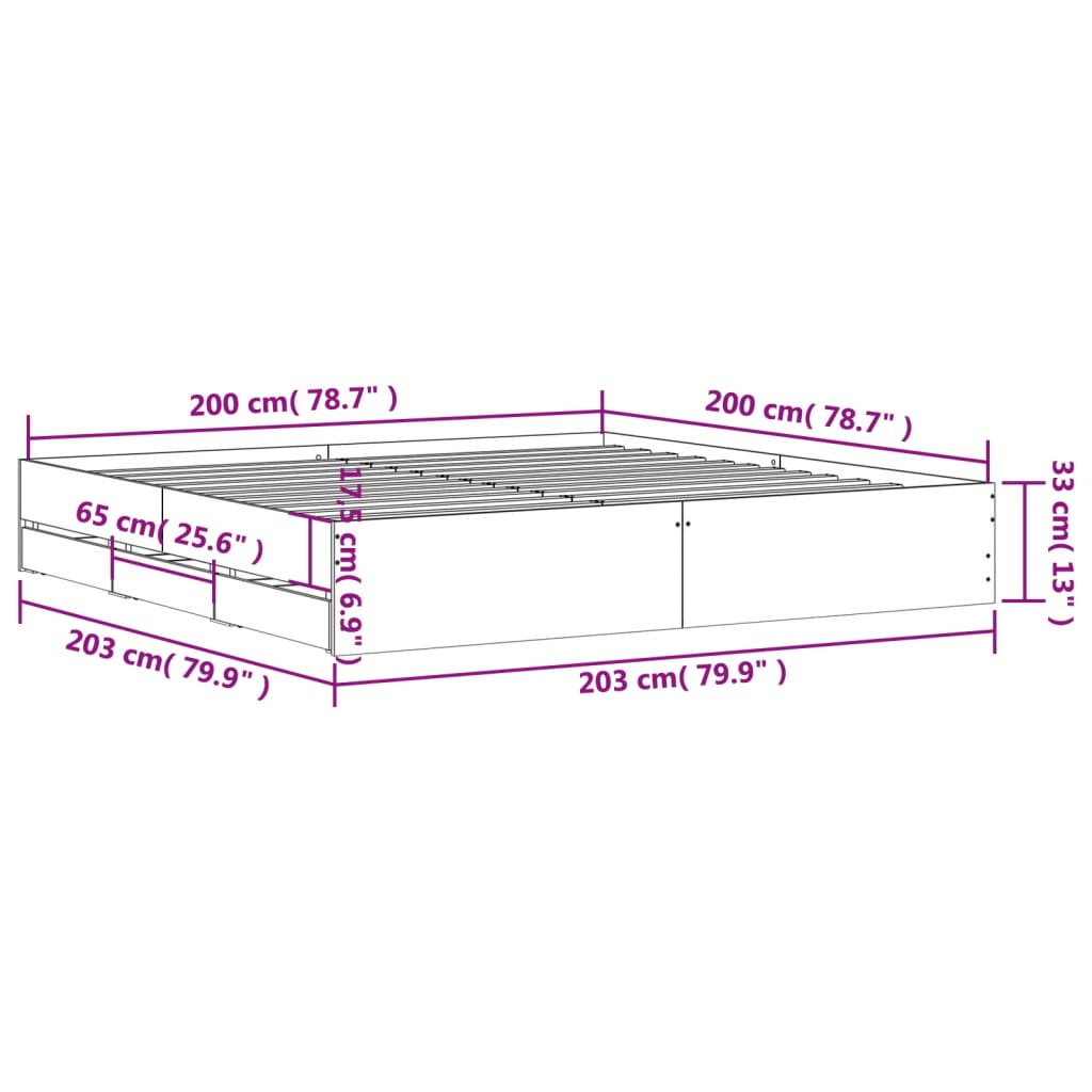 Sengeramme med skuffer svart 200x200 cm konstruert tre