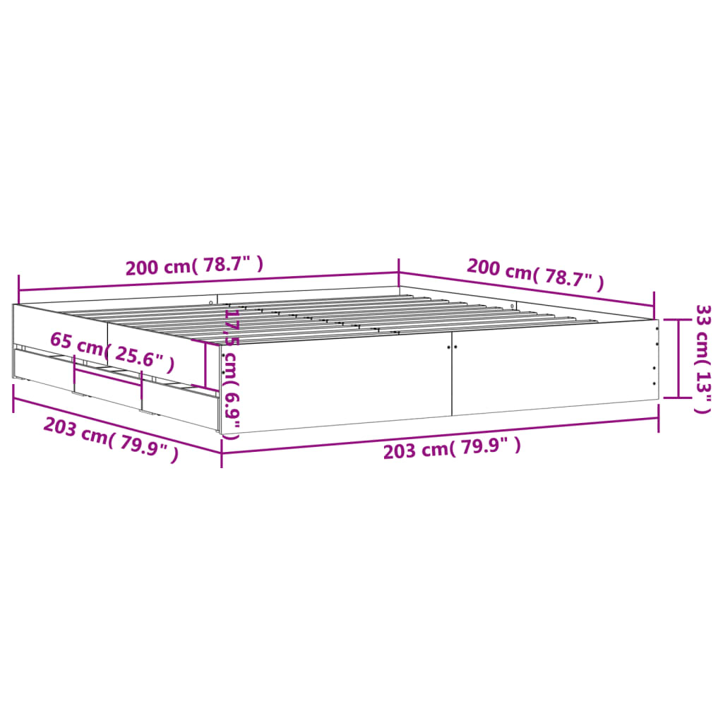 Sengeramme med skuffer sonoma eik 200x200 cm konstruert tre