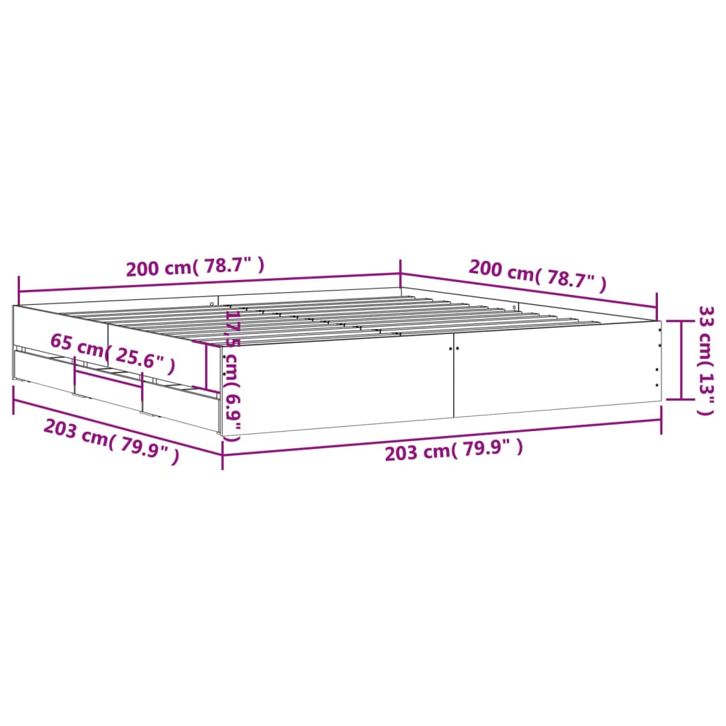 Sengeramme med skuffer grå sonoma 200x200 cm konstruert tre