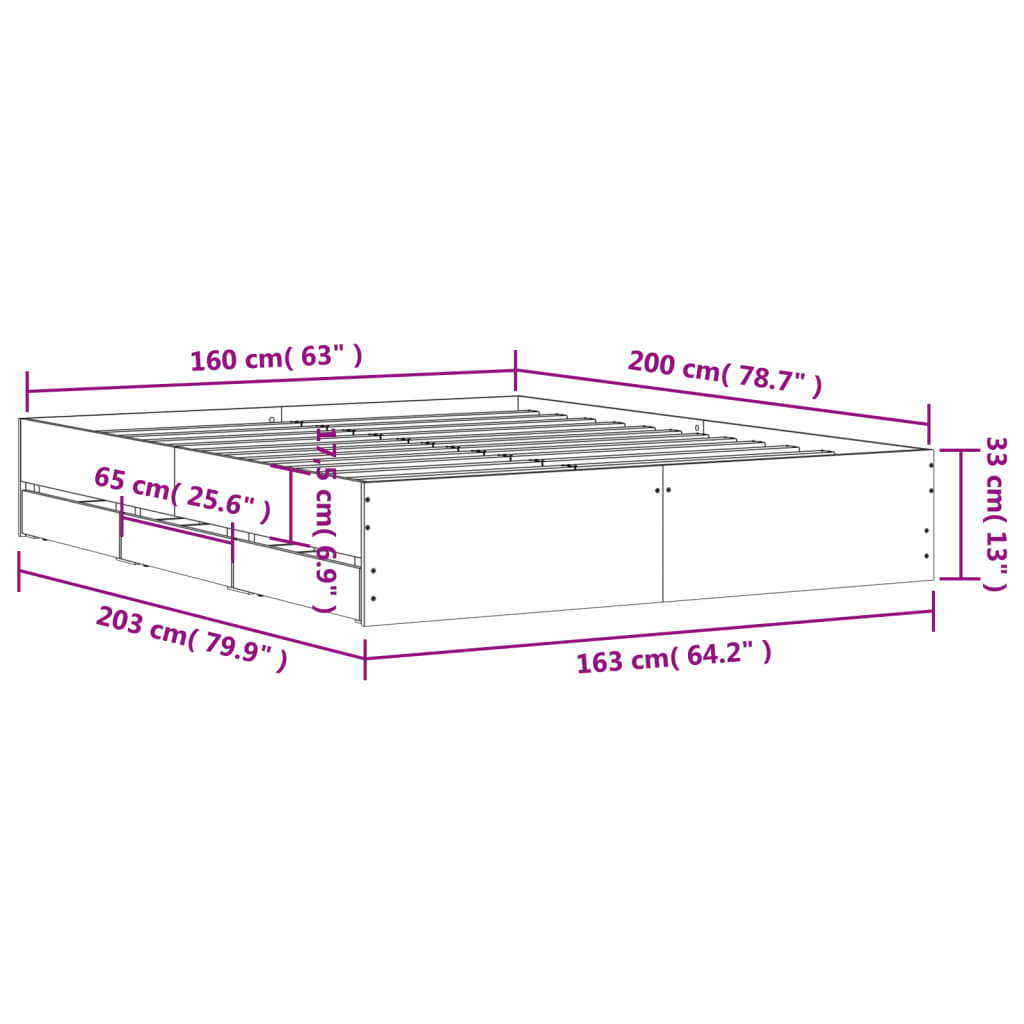 Sengeramme med skuffer røkt eik 160x200 cm konstruert tre