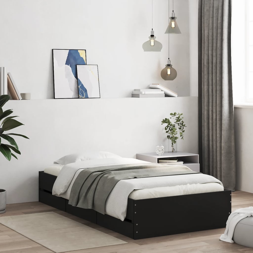 Sengeramme med skuffer svart 90x200 cm konstruert tre