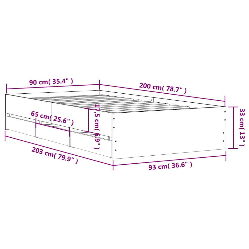 Sengeramme med skuffer sonoma eik 90x200 cm konstruert tre