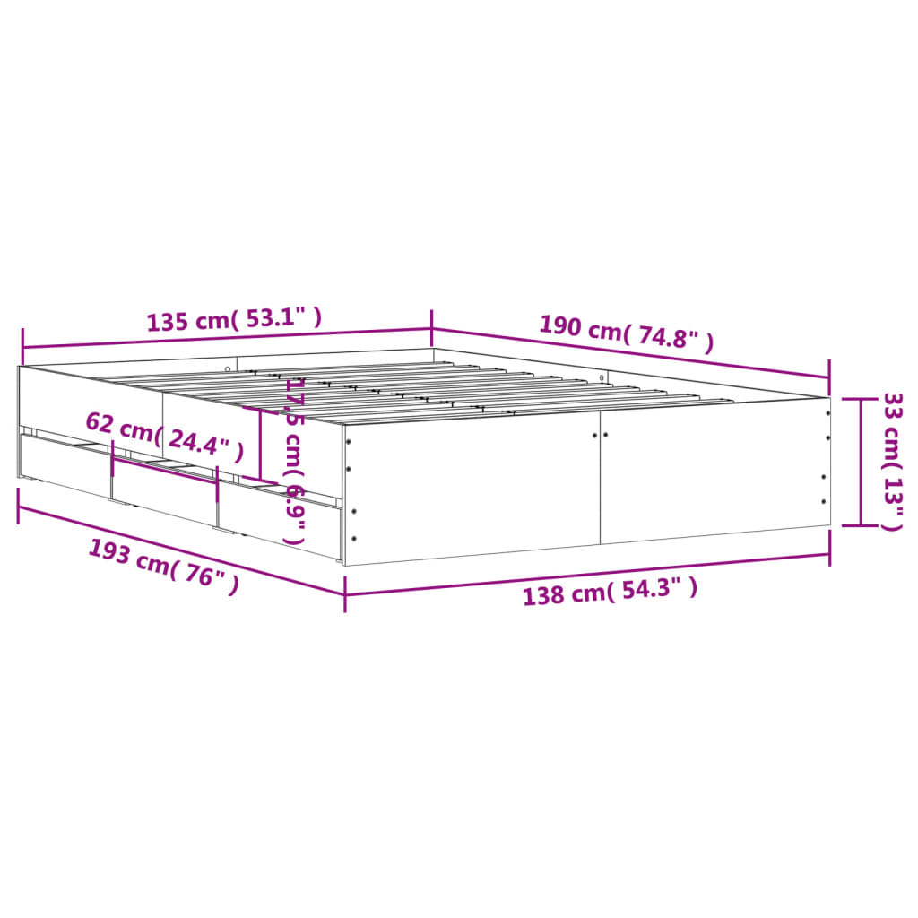 Sengeramme med skuffer sonoma eik 135x190 cm konstruert tre