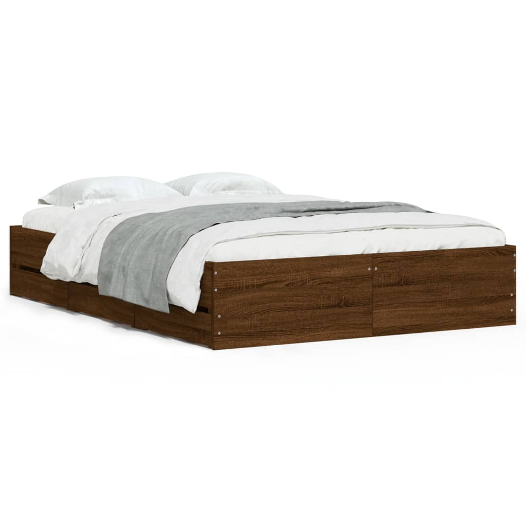 Sengeramme med skuffer brun eik 135x190 cm konstruert tre