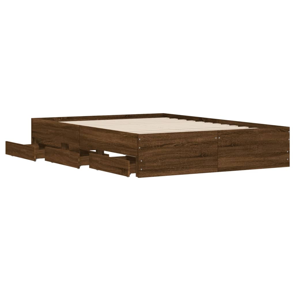 Sengeramme med skuffer brun eik 135x190 cm konstruert tre