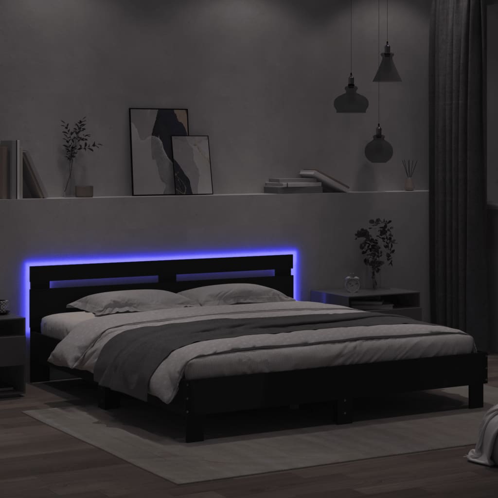 Sengeramme med hodegavl og LED svart 200x200 cm
