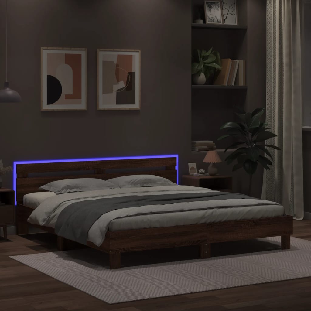 Sengeramme med hodegavl og LED brun eik 180x200 cm