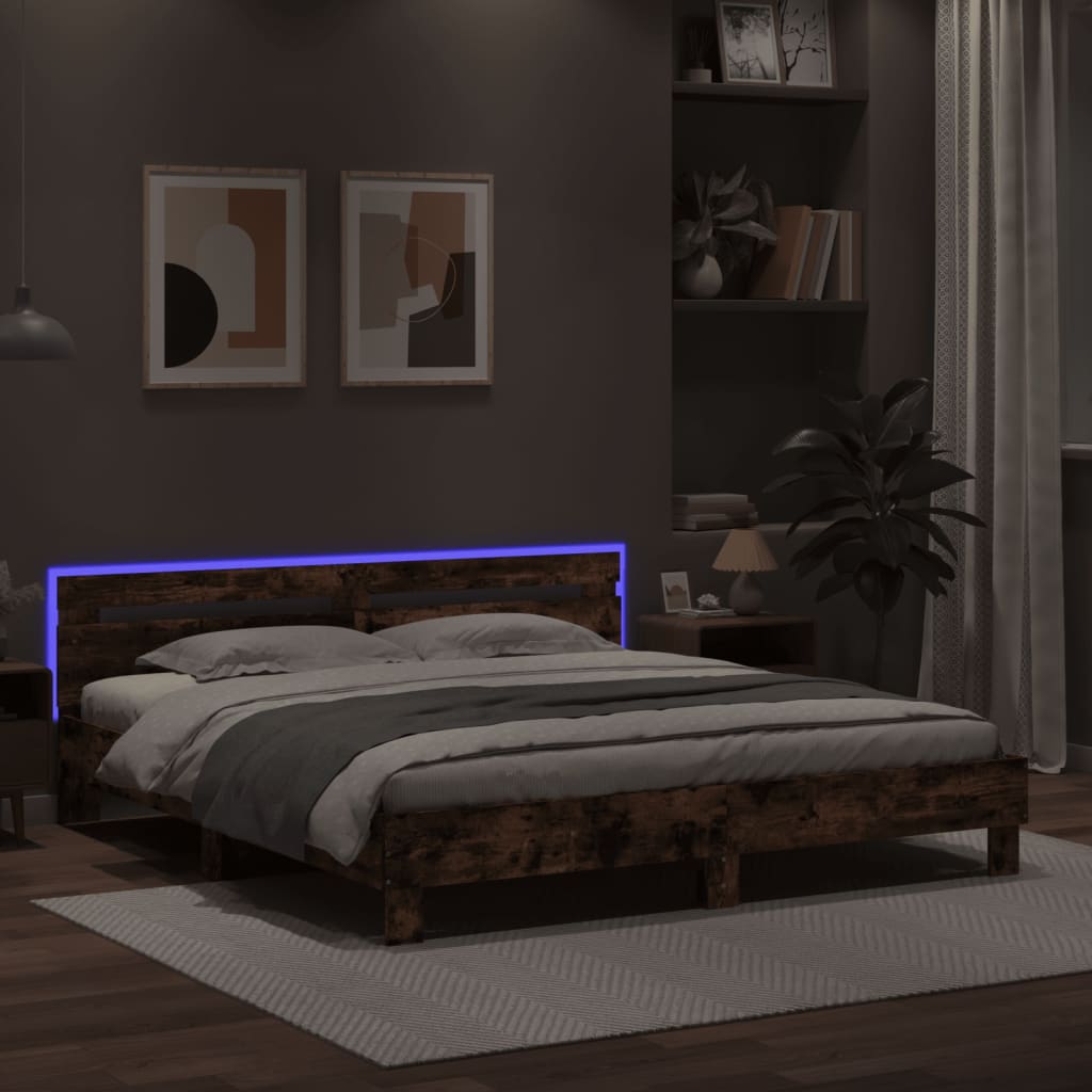 Sengeramme med hodegavl og LED røkt eik 160x200 cm