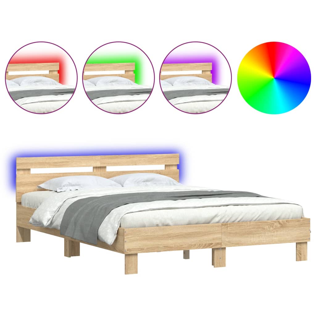 Sengeramme med hodegavl og LED sonoma eik 150x200 cm