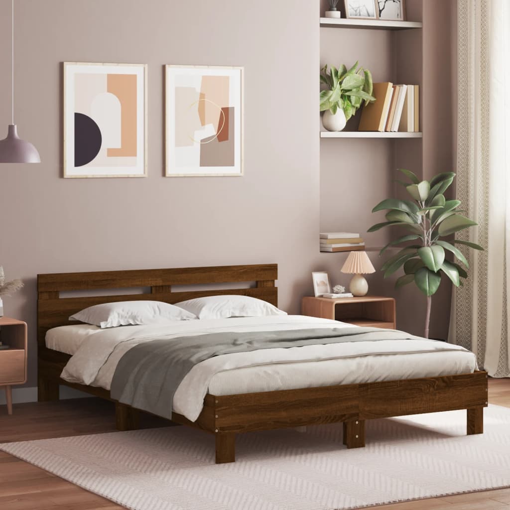 Sengeramme med hodegavl og LED brun eik 150x200 cm
