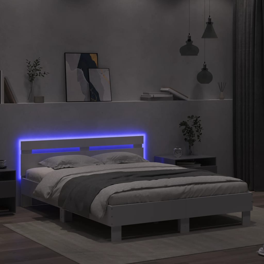 Sengeramme med hodegavl og LED hvit 140x200 cm