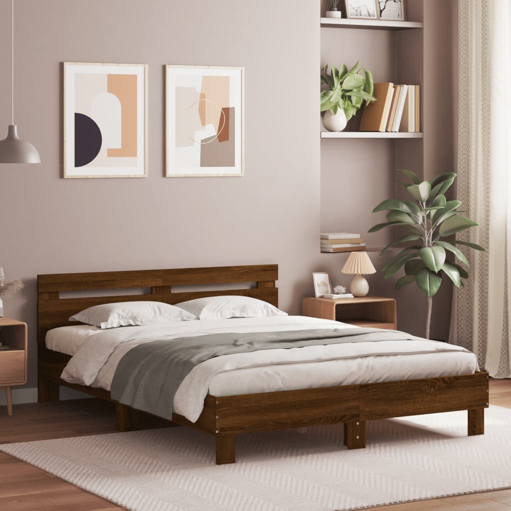 Sengeramme med hodegavl og LED brun eik 140x200 cm