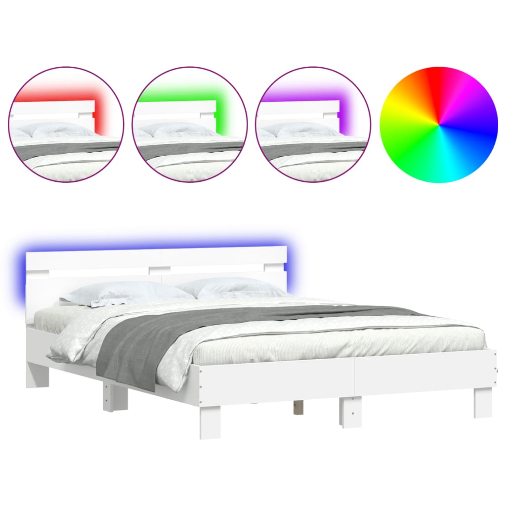 Sengeramme med hodegavl og LED hvit 140x190 cm