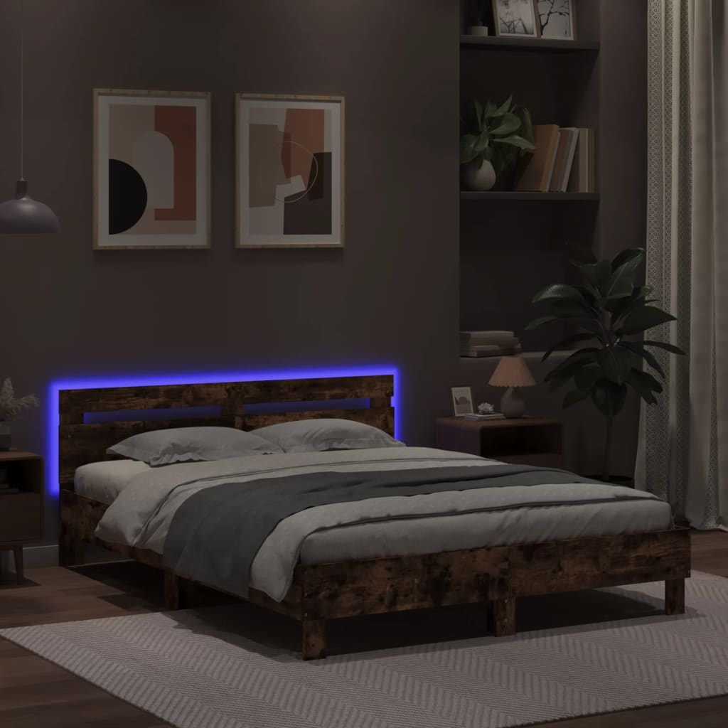 Sengeramme med hodegavl og LED brun eik 140x190 cm