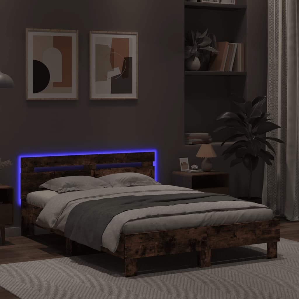 Sengeramme med hodegavl og LED røkt eik 135x190 cm