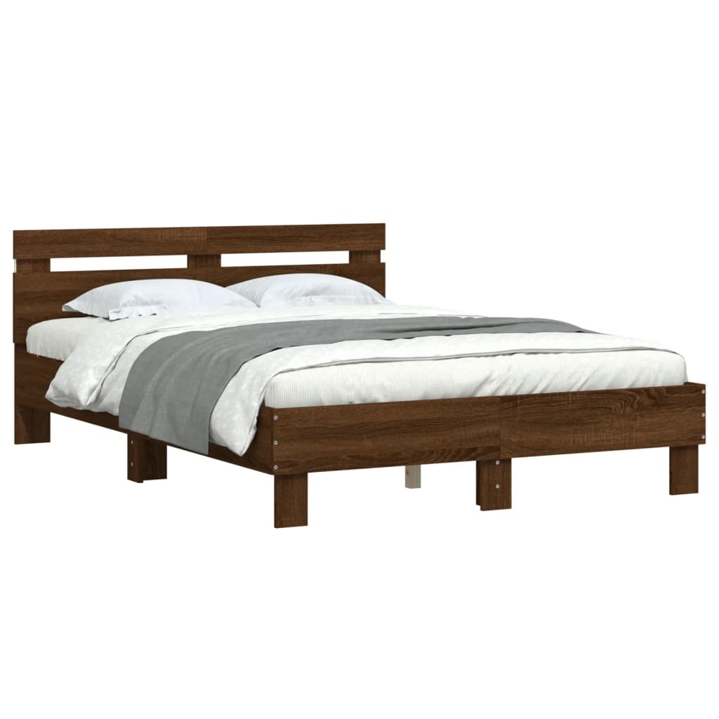 Sengeramme med hodegavl og LED brun eik 135x190 cm