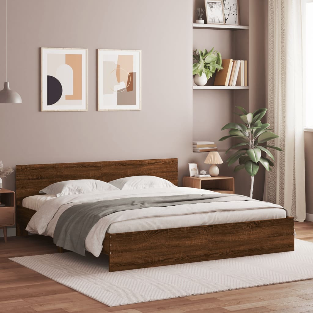 Sengeramme med hodegavl og LED brun eik 200x200 cm
