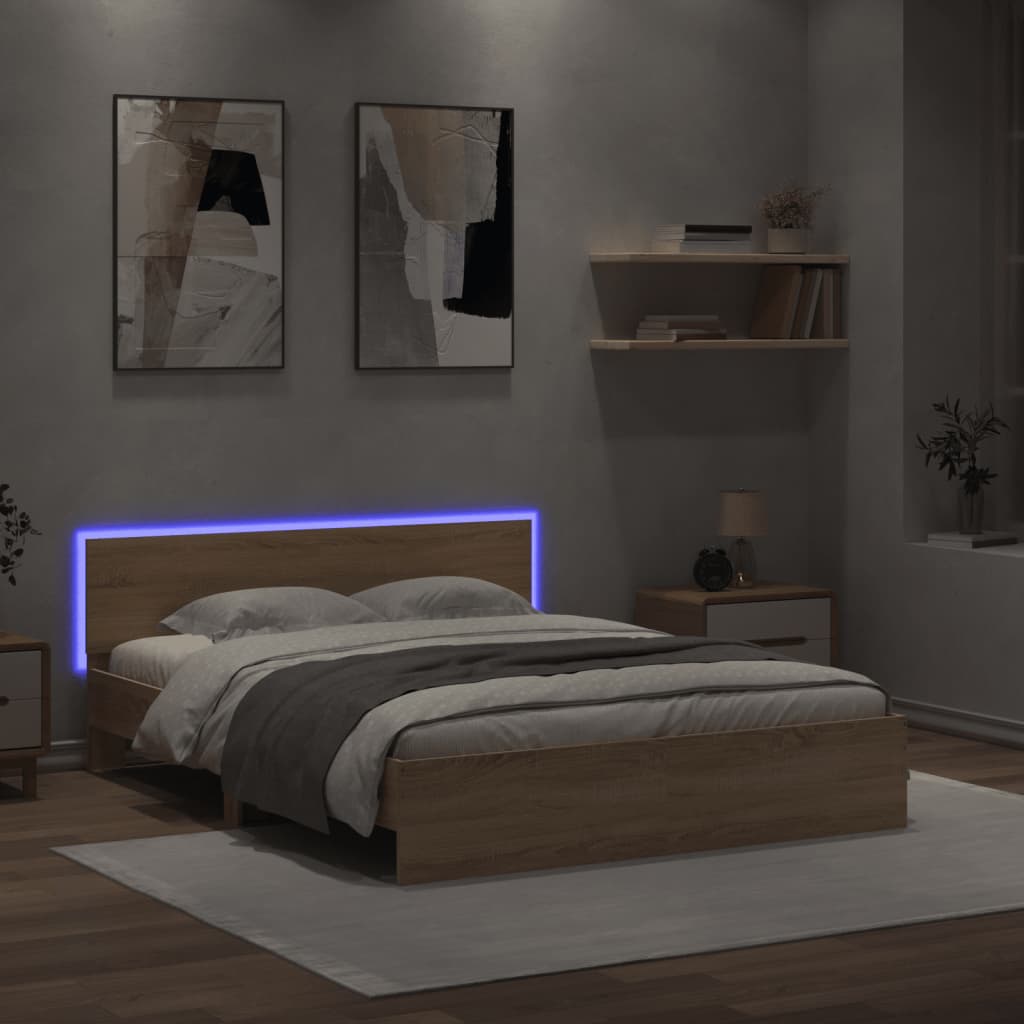 Sengeramme med hodegavl og LED sonoma eik 160x200 cm