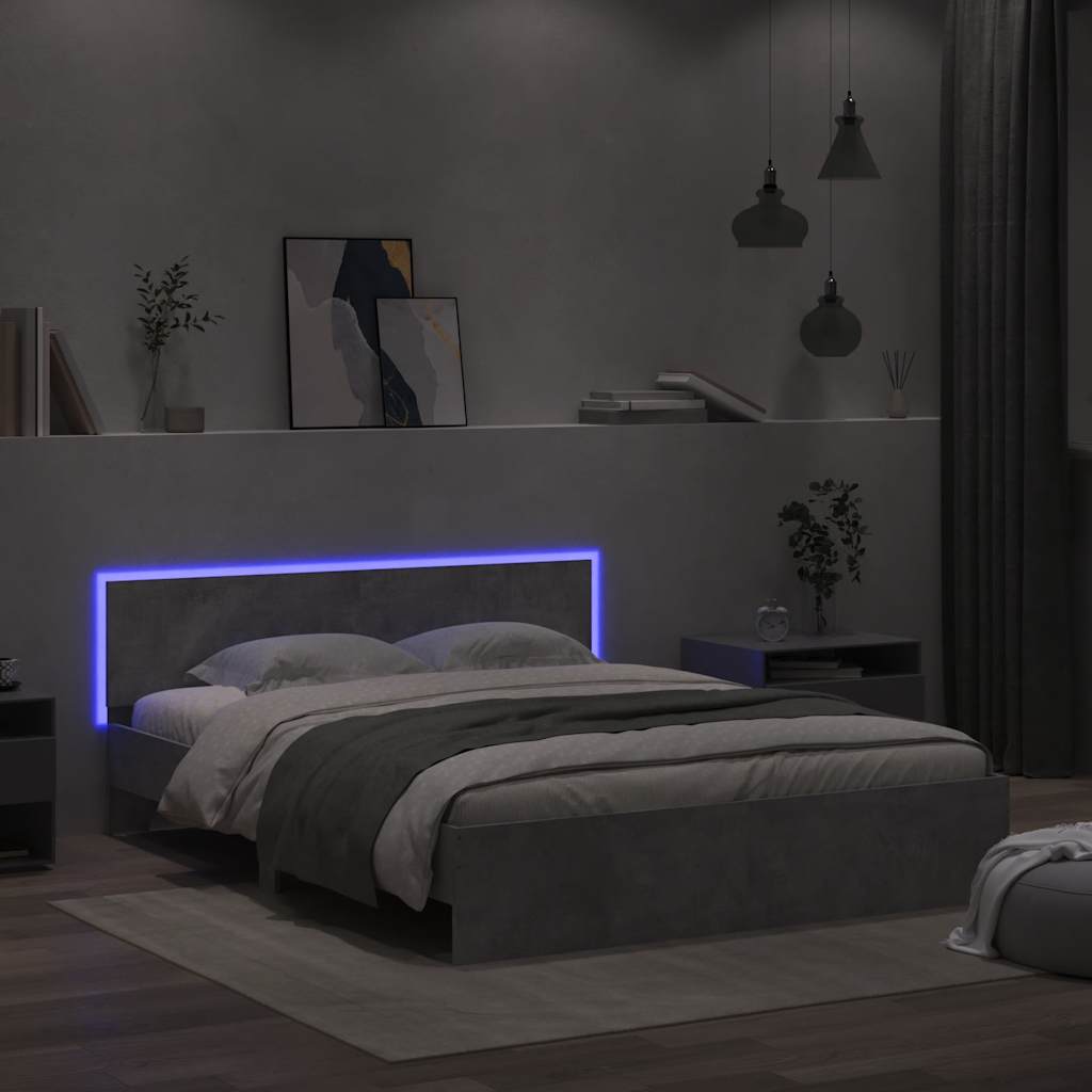 Sengeramme med hodegavl og LED betonggrå 150x200 cm