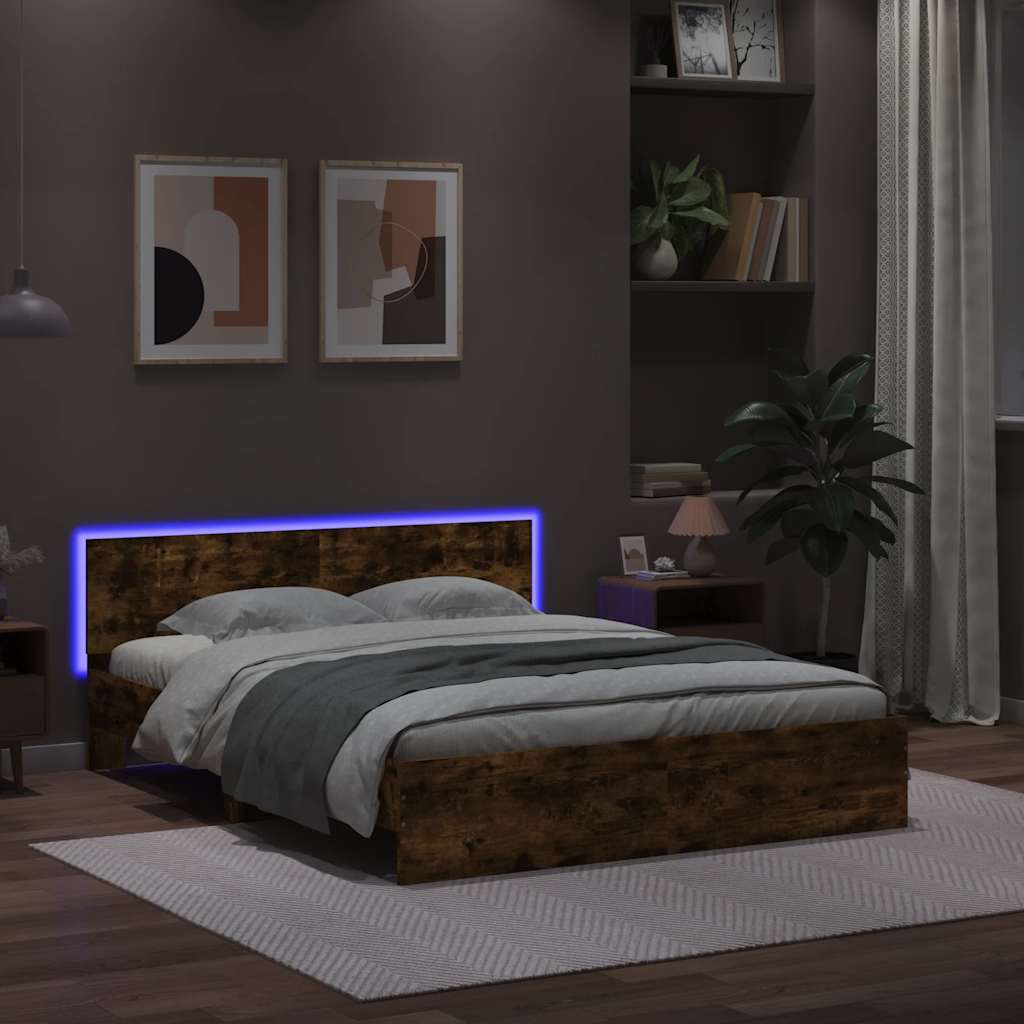 Sengeramme med hodegavl og LED røkt eik 150x200 cm