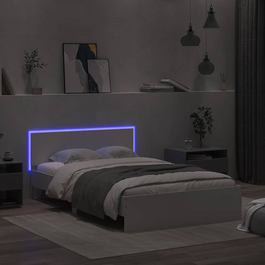 Sengeramme med hodegavl og LED hvit 140x200 cm