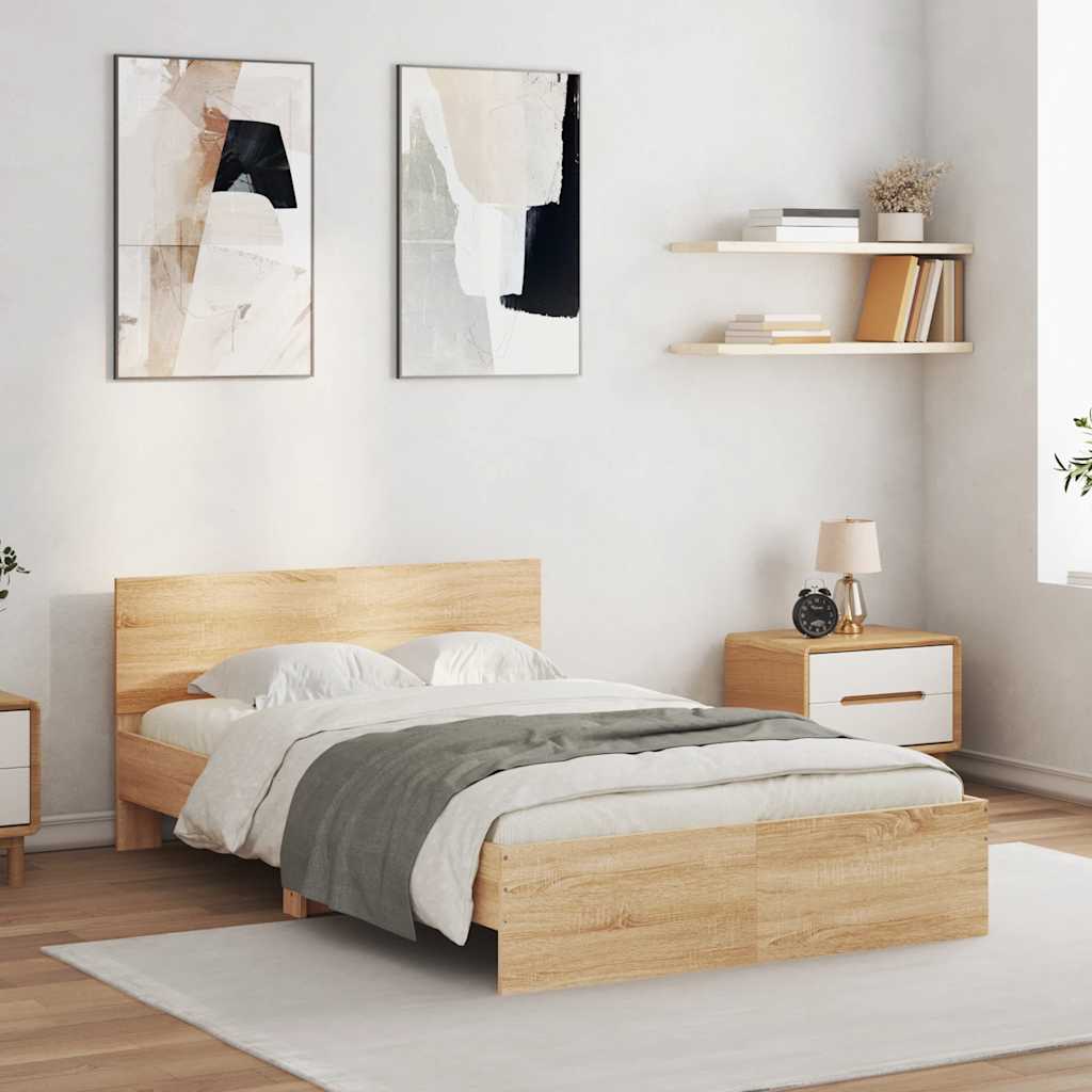 Sengeramme med hodegavl og LED sonoma eik 140x200 cm