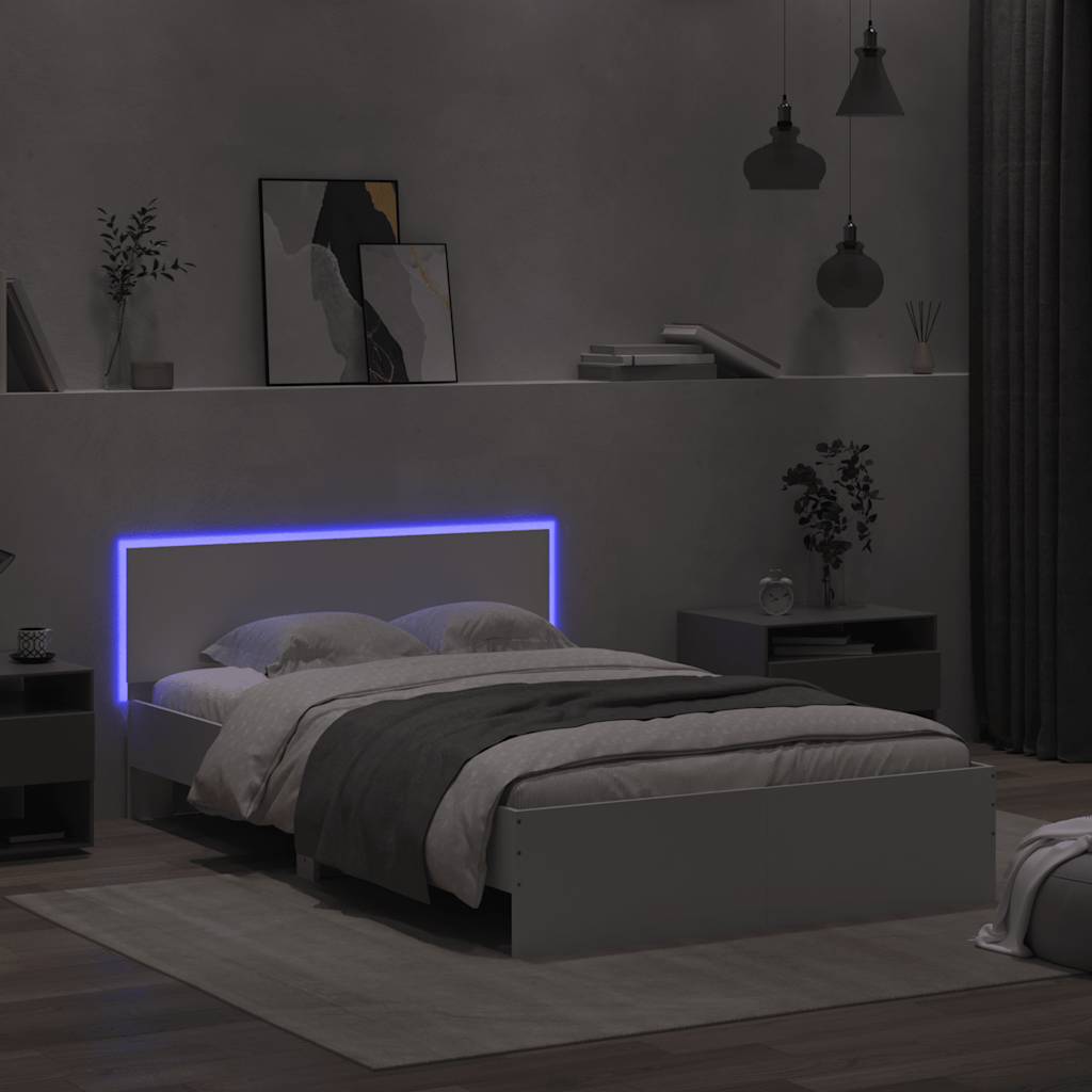Sengeramme med hodegavl og LED hvit 140x190 cm