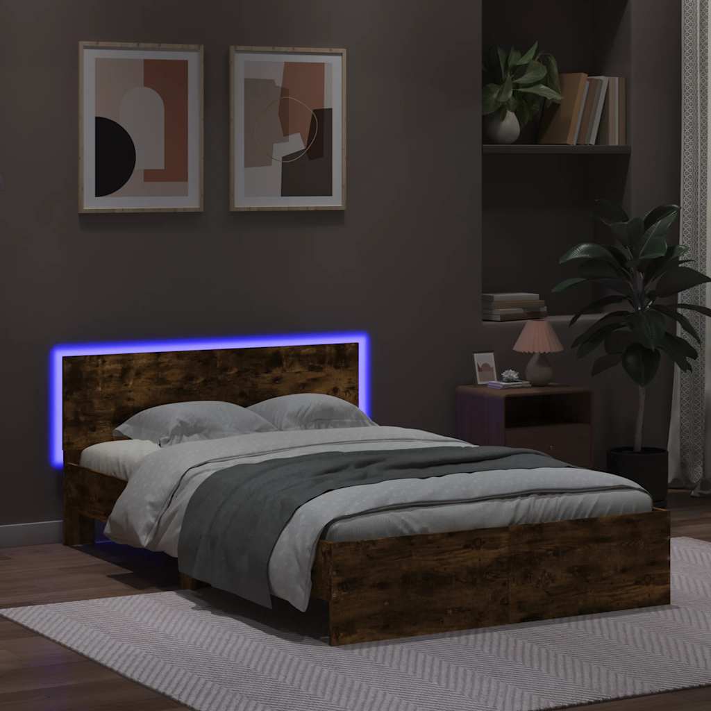 Sengeramme med hodegavl og LED røkt eik 140x190 cm