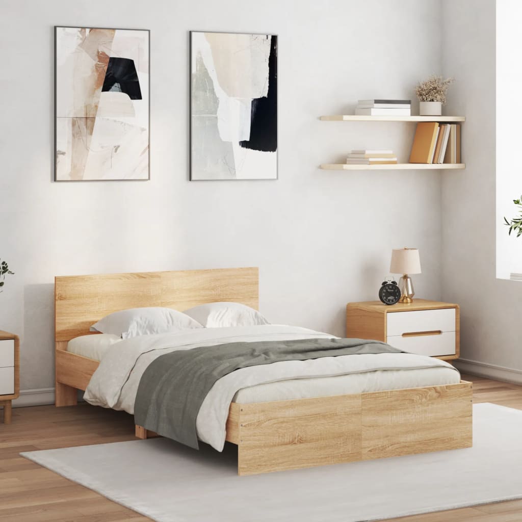 Sengeramme med hodegavl og LED sonoma eik 135x190 cm