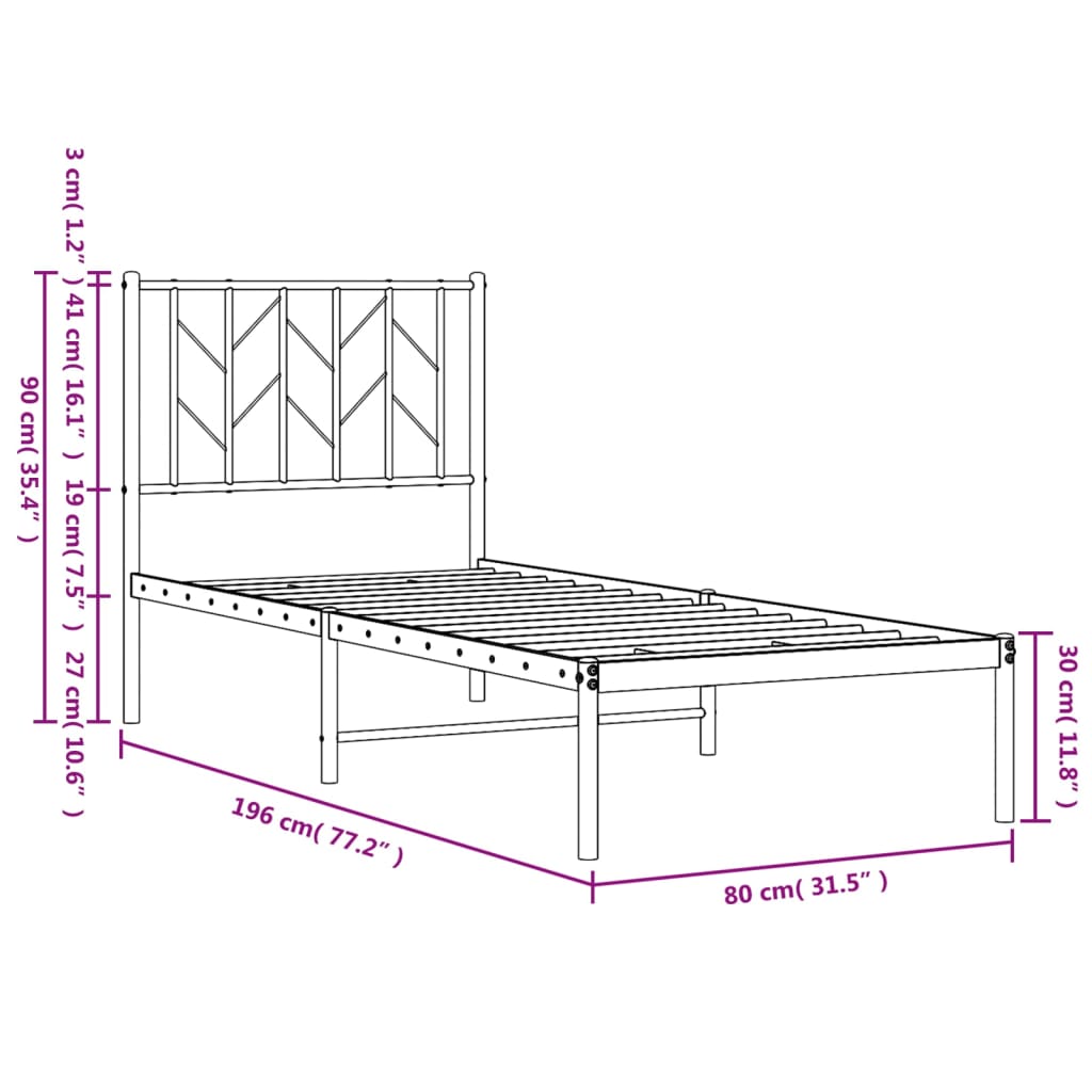 Sengeramme i metall uten madrass med hodegavl hvit 75x190 cm vidaXL