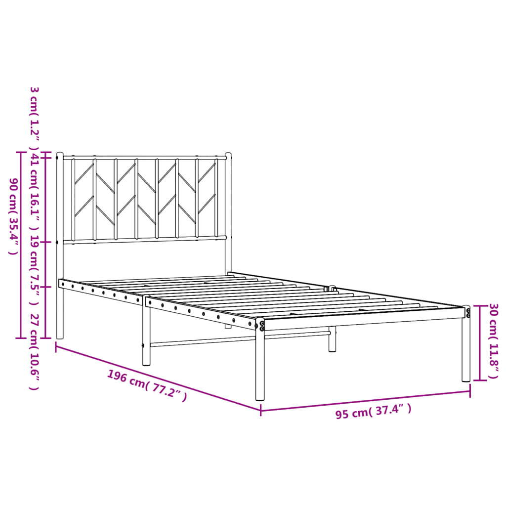 Sengeramme i metall med hodegavl hvit 90x190 cm vidaXL