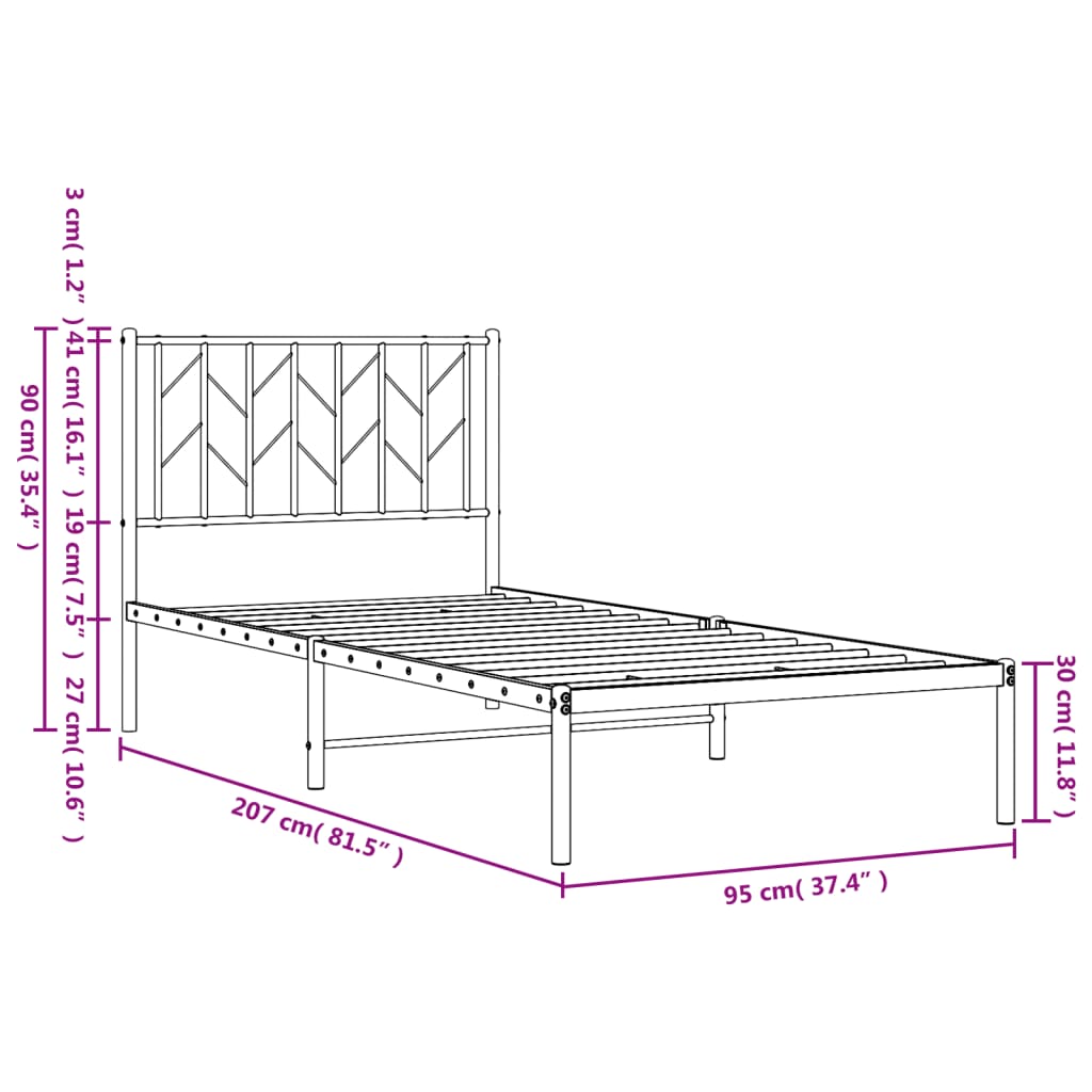 Sengeramme i metall med hodegavl hvit 90x200 cm vidaXL