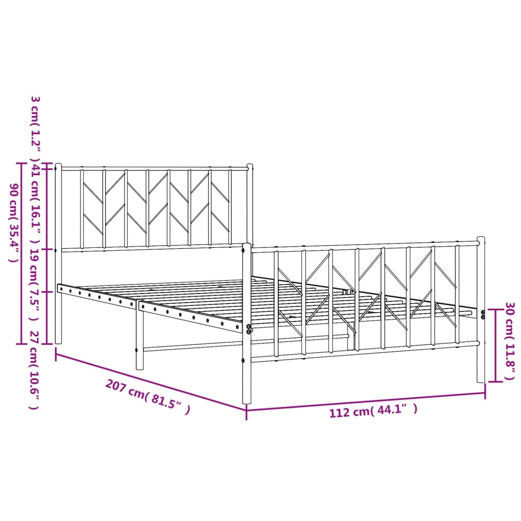 Sengeramme i metall med hode- og fotgavl hvit 107x203 cm