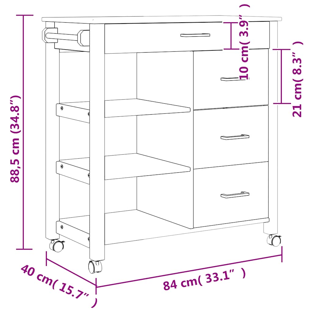 Kjøkkenvogn MONZA 84x40x88,5 cm heltre furu