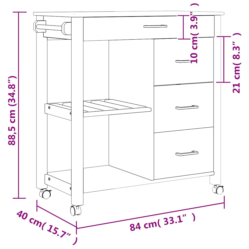 Kjøkkenvogn MONZA 84x40x88,5 cm heltre furu