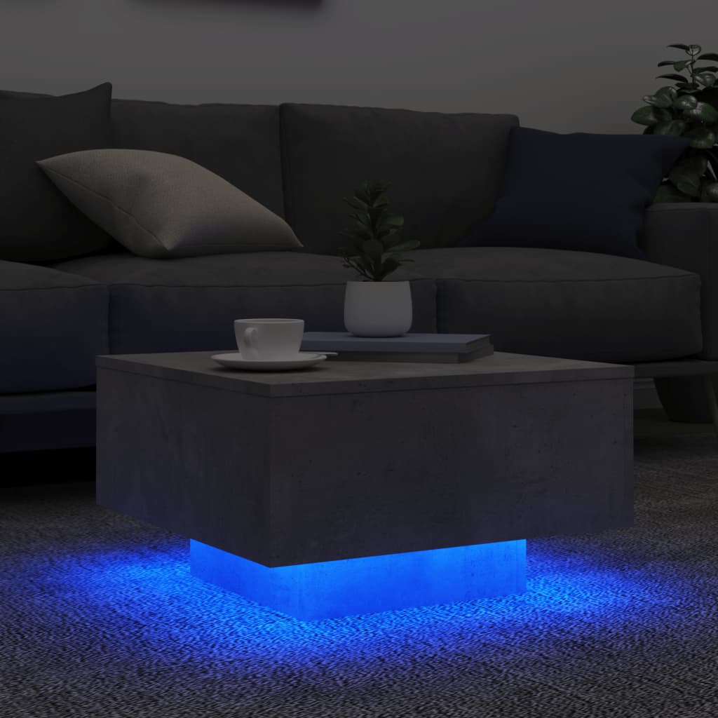 Salongbord med LED-lys betonggrå 55x55x31 cm