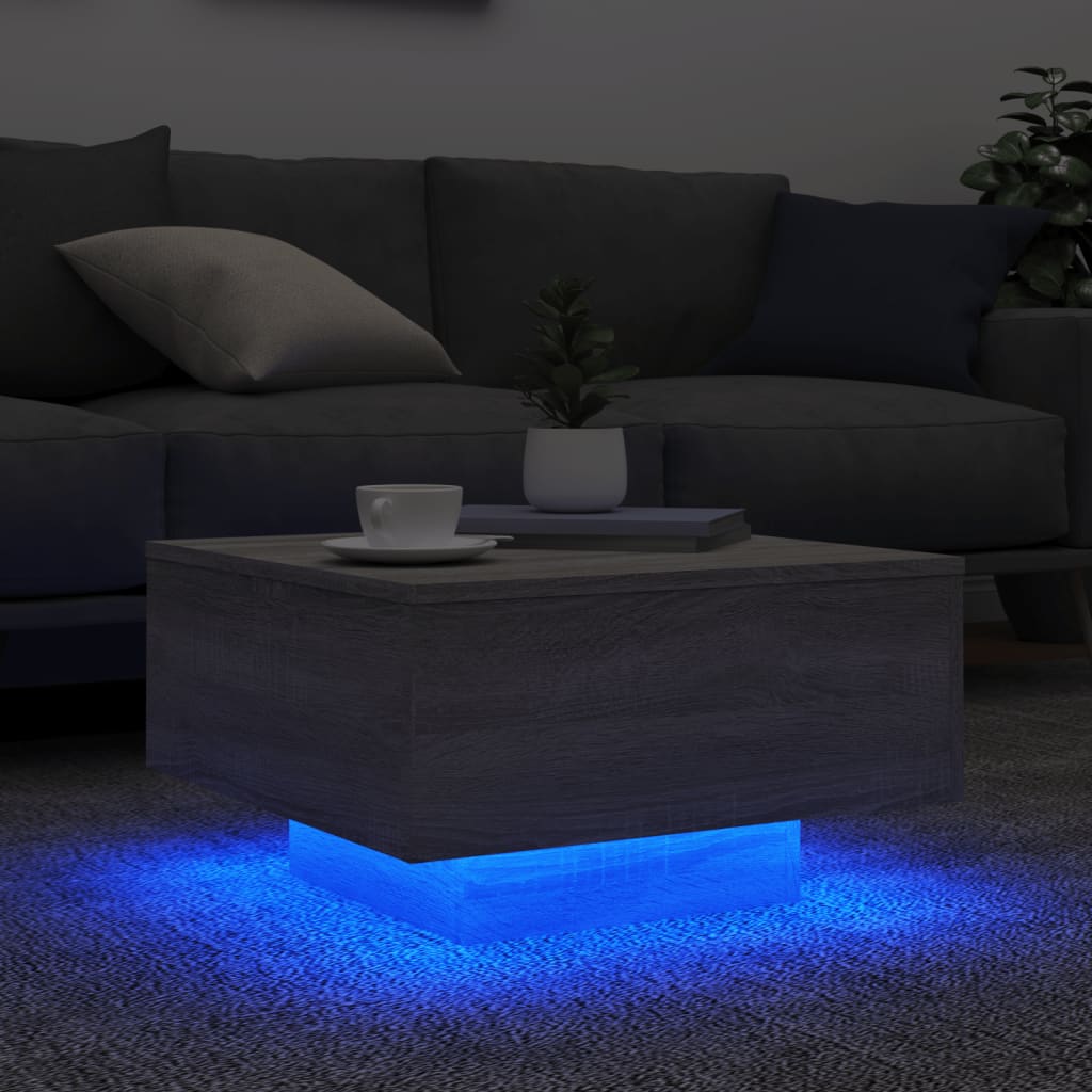 Salongbord med LED-lys grå sonoma 55x55x31 cm