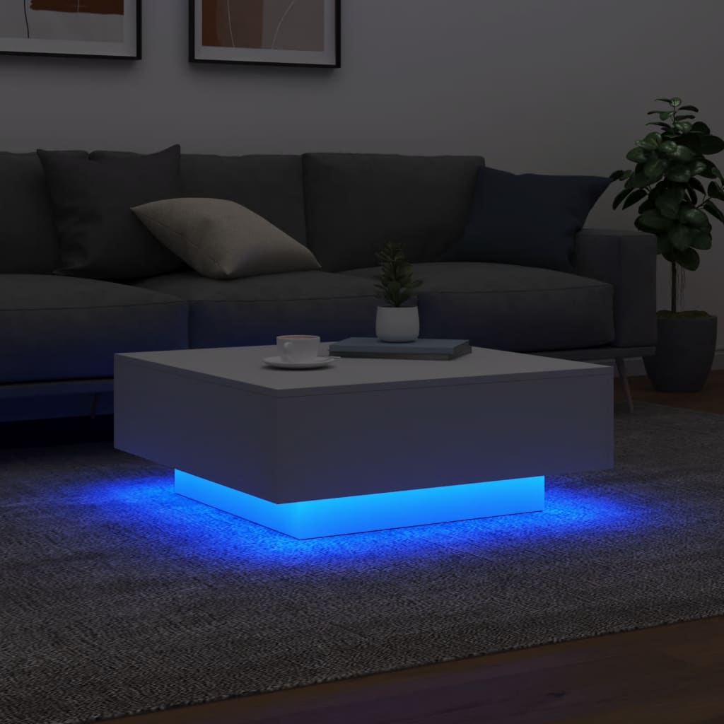 Salongbord med LED-lys hvit 80x80x31 cm