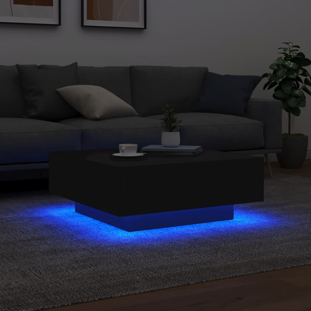 Salongbord med LED-lys svart 80x80x31 cm