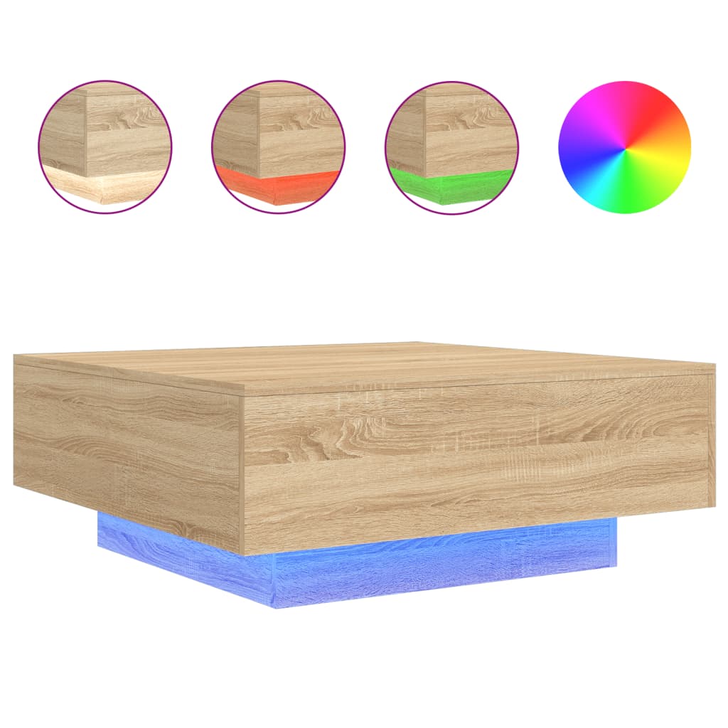 Salongbord med LED-lys sonoma eik 80x80x31 cm