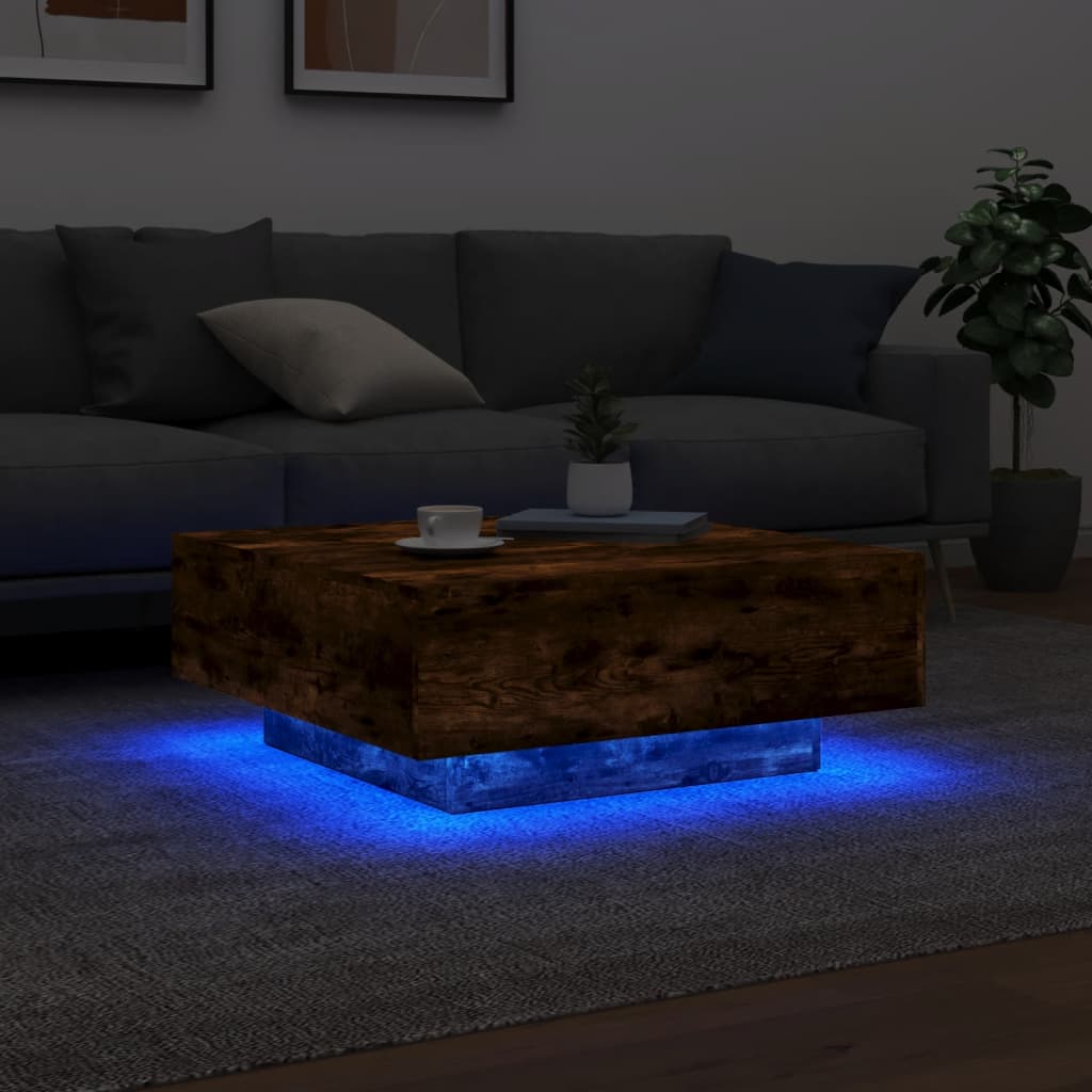 Salongbord med LED-lys røkt eik 80x80x31 cm