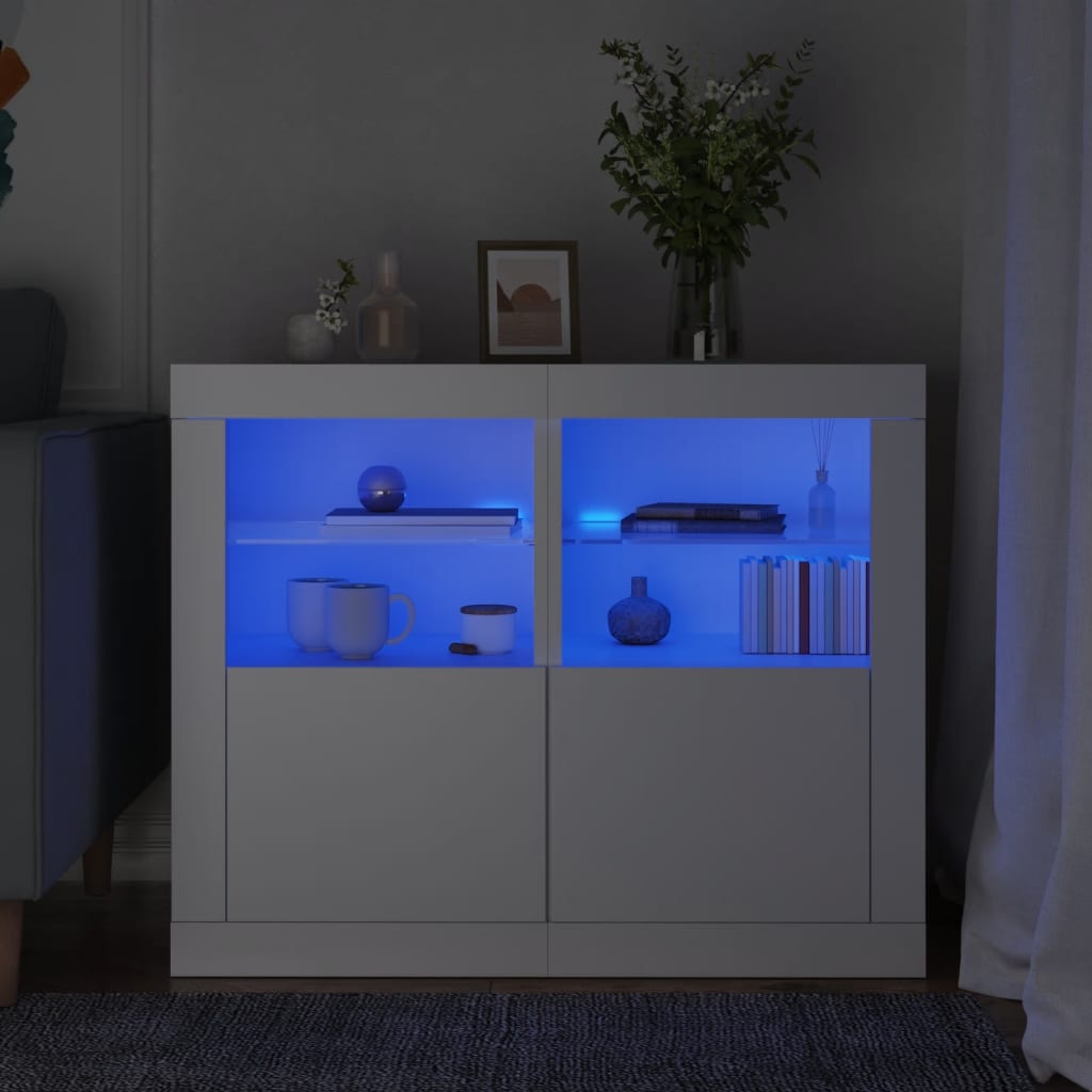 Sideskap med LED 2 stk hvit konstruert tre