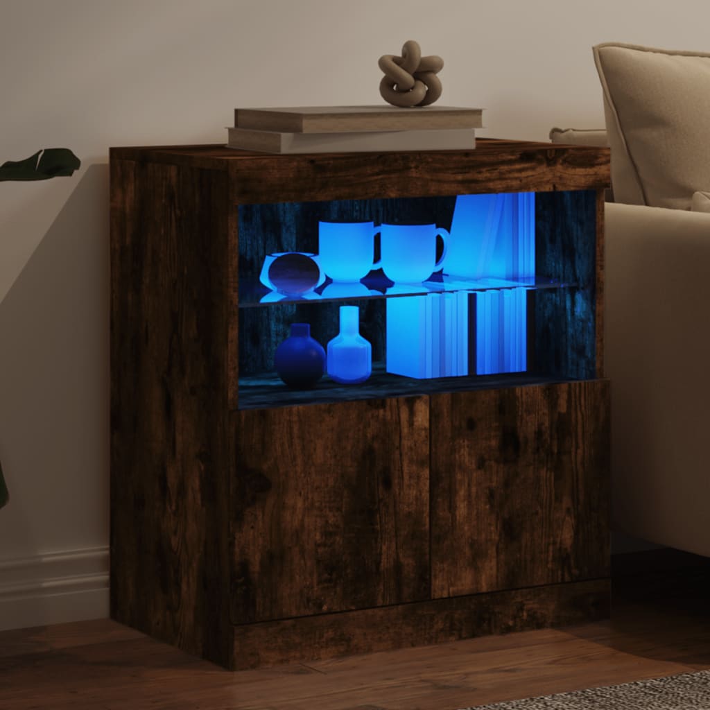 Skjenk med LED-lys røkt eik 60x37x67 cm