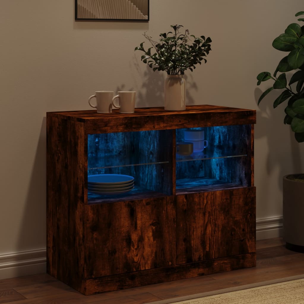 Skjenk med LED-lys røkt eik 81x37x67 cm