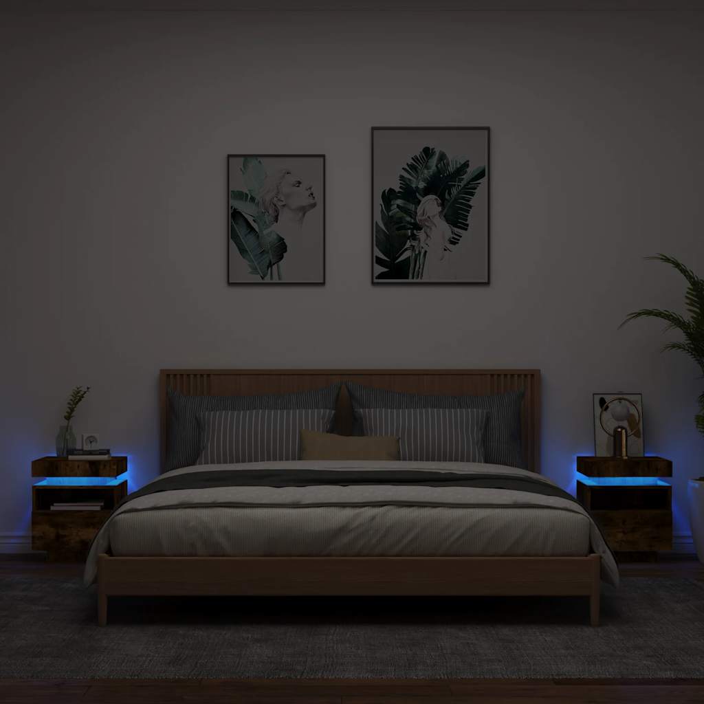 Nattbord med LED 2 stk røkt eik 40x39x48,5 cm